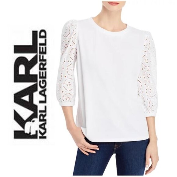KARL LAGERFELD PARIS, White eyelet sleeve top - Picture 1 of 11